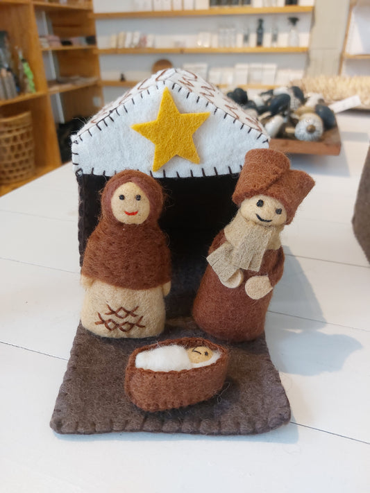 Sjaal met verhaal kerststal bruin