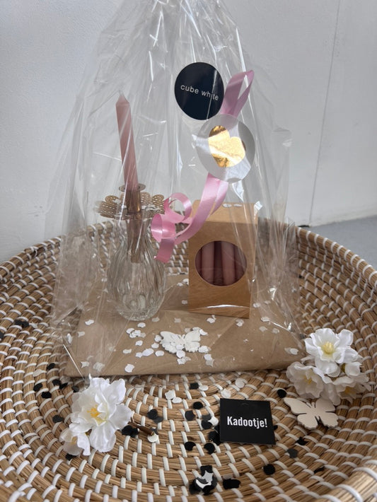 Cadeaupakket Rustik Lys Kaars & Kandelaar, Glaasje